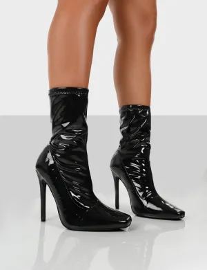 Lars Black Patent Wide Fit Sock High Heeled Ankle Boots